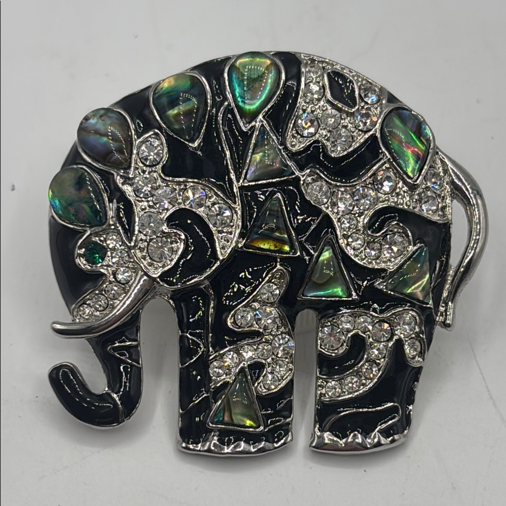 Silver and Black mother of pearl Elephant Brooch with Gem Accents